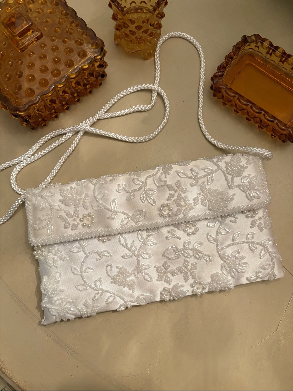 Embroidered Pearl-Accent White Satin Crossbody Bag